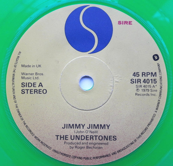 Image of Label Cover of 4624312E: 7" - THE UNDERTONES, Jimmy Jimmy (Sire; SIR 4015, UK 1979, Printed Plastic Sleeve, Insert, Green Vinyl)   VG/VG