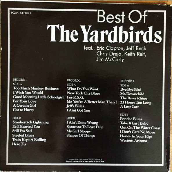 Image of Back Cover of 4324244E: 3xLP - THE YARDBIRDS, Best Of The Yardbirds (Charly Records; 9028/3, Portugal 1985) Sleeve has seam splits at top and spine and some creasing. Vinyl is glossy.  VG/VG+