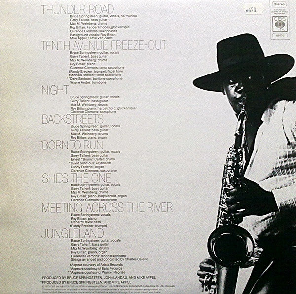 Image of Back Cover of LP - G+/VG+ - BRUCE SPRINGSTEEN, Born To Run (CBS Orange/Yellow; S 69170, UK 1975, Gatefold, "Made in England" at 4 o'clock on rim. A5/B3), Scuffs, wear, and old stickers on gatefold. Very nice disc.,  - 0846126S