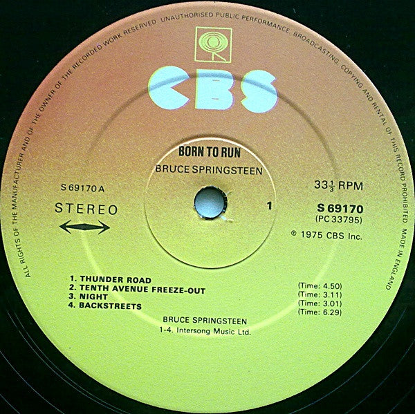 Image of Label Cover of LP - G+/VG+ - BRUCE SPRINGSTEEN, Born To Run (CBS Orange/Yellow; S 69170, UK 1975, Gatefold, "Made in England" at 4 o'clock on rim. A5/B3), Scuffs, wear, and old stickers on gatefold. Very nice disc.,  - 0846126S