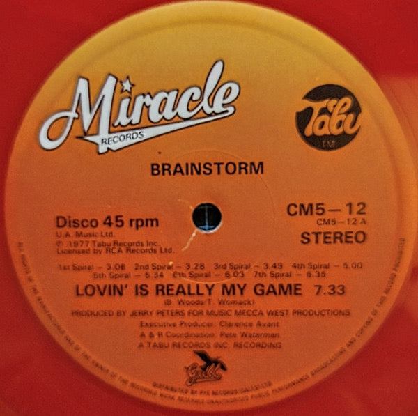 Image of Back Cover of 4314534C: 12" - BRAINSTORM, Lovin' Is Really My Game (Miracle Records; CM5-12, UK 1979 Reissue, Company Sleeve, Red Transparent Vinyl) Strong VG to disc - lightest marks only.  G+/VG