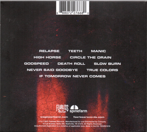 Image of Back Cover of 4334149E: CD - WAGE WAR, Manic (Fearless Records; FEAR01919, Europe 2021, Digipak) Some small dents on the front cover  VG/VG+