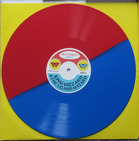 Image of Back Cover of 4414046C: 2xLP - KING GIZZARD & THE LIZARD WIZARD, Butterfly 3001 (; KGLW-014-2LP, UK, Europe & US 2022, Die Cut Sleeve In Brown Paper Bag, 2 Inners, Blue & Red Split Vinyl) Marks from storage. Light sticker residue on brown paper bag.  EX/VG