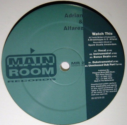 Image of Front Cover of 4414056C: 12" - ADRIAN & ALFAREZ, Watch This (Main Room Records ; MR 2, Netherlands 1995, Plain Sleeve) Quite a few light marks to disc.  /G+