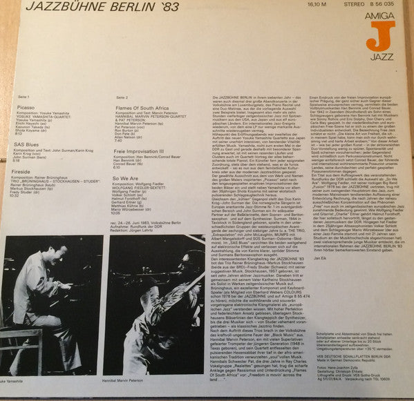 Image of Back Cover of 4424036E: LP - VARIOUS, Jazzb hne Berlin '83 (AMIGA; 8 56 035, German Democratic Republic (GDR) 1984) Sticker damage + glue(?) damage to sleeve, strong VG record.  VG/VG