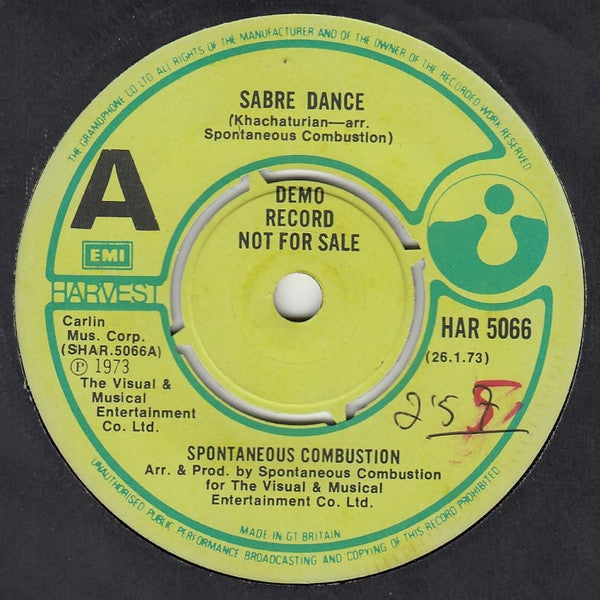 Image of Front Cover of 4414065C: 7" - SPONTANEOUS COMBUSTION, Sabre Dance (Harvest; HAR 5066, UK 1973, Promo) Small sticker outline on A side label.  /VG+