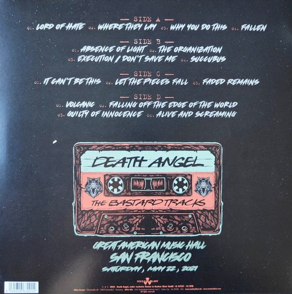 Image of Back Cover of 4414080C: 2xLP - DEATH ANGEL, The Bastard Tracks (Nuclear Blast; NB 6320, Europe 2022, Gatefold, Insert, Poster, Springtime Green with Dark Grey Splatter) Tiny pressing flaw on side A that doesn't affect play at all. Includes poster and insert  VG+/VG+