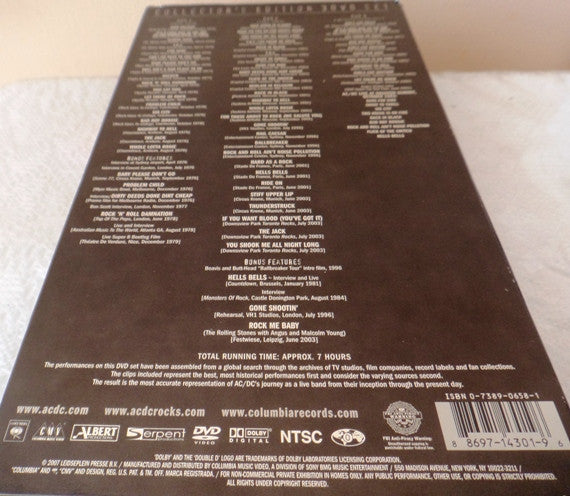 Image of Back Cover of 4434021E: 3xDVD - AC/DC, Plug Me In (Columbia; 88697 14301 9, US 2007, Outer Card Sleeve, Box Set, Poster, Memorabilia, New Liner Notes and Unseen Photos.) A few light marks on discs. Light wear to O-Card.  VG/VG