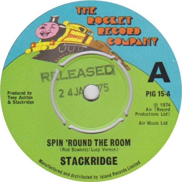 Image of Front Cover of 4414068C: 7" - STACKRIDGE, Spin 'Round The Room (The Rocket Record Company; PIG 15, UK 1975, Promo, Company Sleeve) Small sticker with DJ's name on label.  VG/VG+