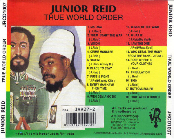 Image of Back Cover of 4454038S: CD - JUNIOR REID, True World Order (J.R. Productions; JRCD1007, Jamaica )   VG+/VG+