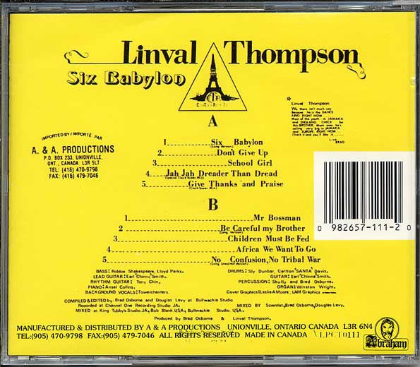 Image of Back Cover of 4454039S: CD - LINVAL THOMPSON, Six Babylon (Abraham; CD0111, Canada )   VG+/VG+