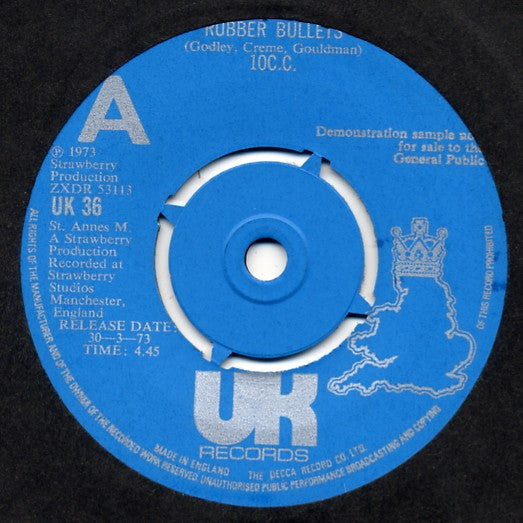 Image of Front Cover of 4414153C: 7" - 10 C.C., Rubber Bullets (UK Records; UK 36, UK 1973, Promo, Company Sleeve) Strong VG. Small sticker with DJ's initials on label.  VG/VG