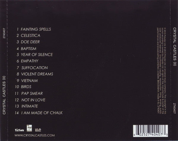 Image of Back Cover of CD - VG+/VG - CRYSTAL CASTLES, Crystal Castles (II) (Fiction Records; 2740407, Europe 2010, Jewel Case), Light marks.,  - 3416178C