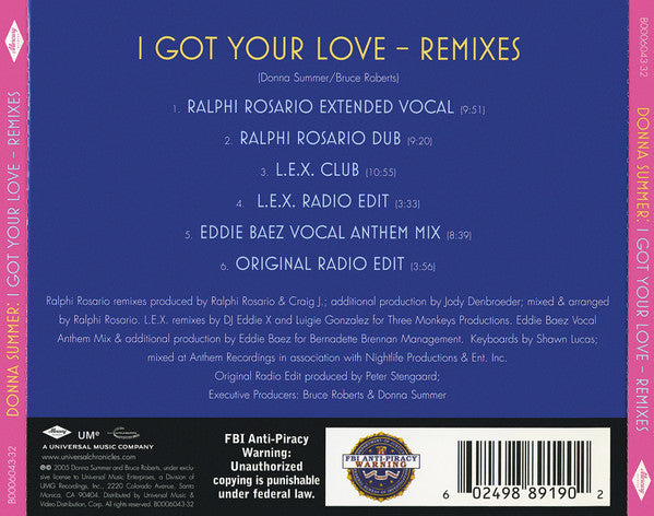 Image of Back Cover of 4434036E: CD - DONNA SUMMER, I Got Your Love (Remixes) (Mercury; B0006043-32, US 2005, Jewel Case) Seal opened instore.   EX/EX