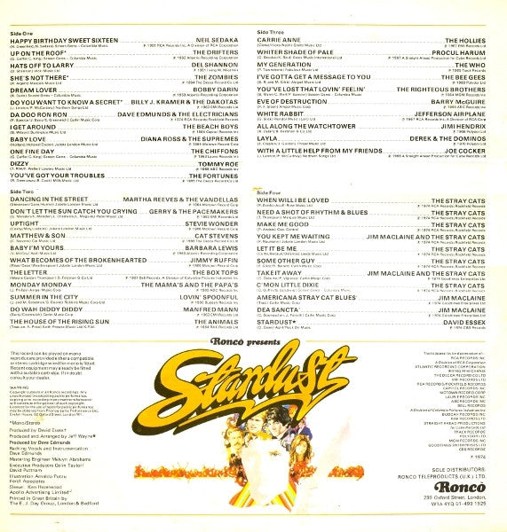 Image of Back Cover of 4414155C: 2xLP - VARIOUS, Stardust - 44 Original Hits From The Sound Track Of The Film (Ronco; RG 2009/10, UK 1974, Gatefold, 2 Company Inners) Nice copy!  VG+/VG+