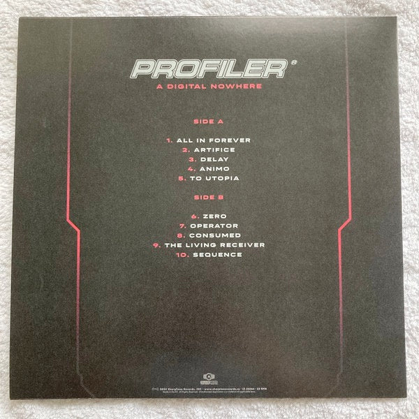 Image of Back Cover of 4414090C: LP - PROFILER, A Digital Nowhere (SharpTone; 7099, UK 2024, Insert, Red with Black Splatter) Opened Instore  EX/EX