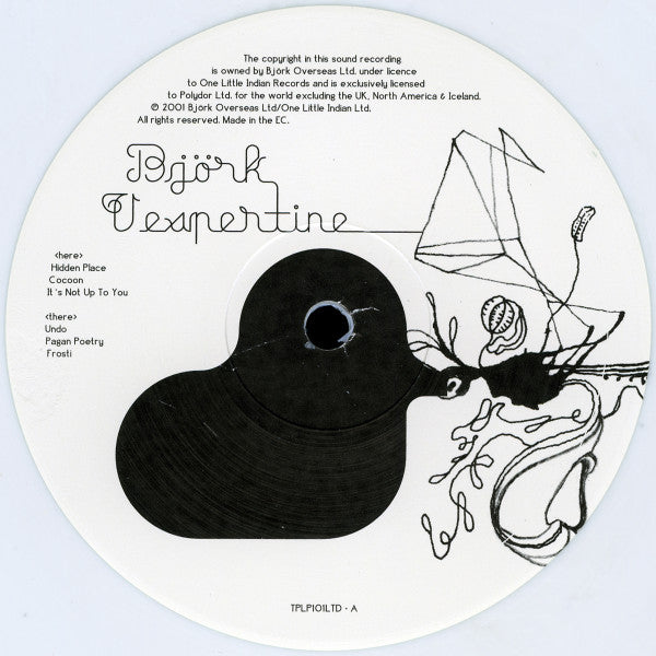 Image of Label Cover of 2xLP - VG+/EX - BJORK, Vespertine (One Little Indian; TPLP101LTD, UK 2015 Reissue, Gatefold, 2 Die Cut Inners, Hype Sticker On Sleeve, White Vinyl, Limited Edition), Seal opened instore, still in hype stickered shrinkwrap. Staining on hype sticker. Bottom right corner very slightly bumped.,  - 3426170E