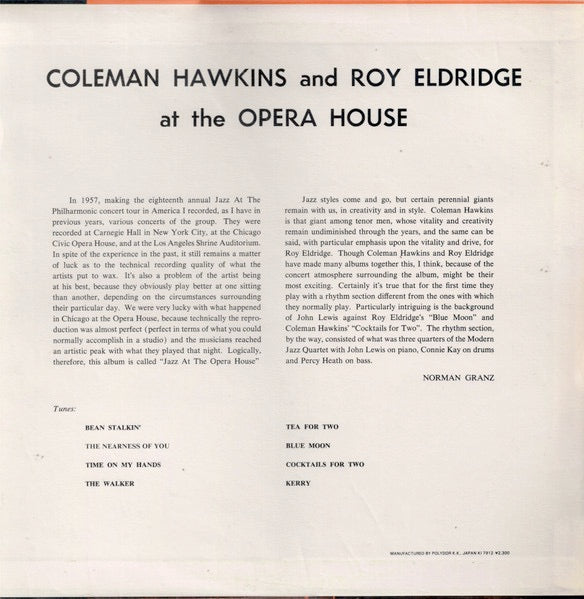 Image of Back Cover of 4414201C: LP - COLEMAN HAWKINS AND ROY ELDRIDGE, At The Opera House (Verve Records; MV 2658, Japan 1979 Reissue, Pasteback Sleeve, Insert, Stereo, No Obi) Some fading and edge wear to sleeve. Light marks to vinyl.  VG/VG