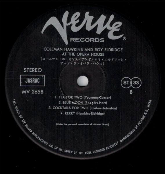 Image of Label Cover of 4414201C: LP - COLEMAN HAWKINS AND ROY ELDRIDGE, At The Opera House (Verve Records; MV 2658, Japan 1979 Reissue, Pasteback Sleeve, Insert, Stereo, No Obi) Some fading and edge wear to sleeve. Light marks to vinyl.  VG/VG