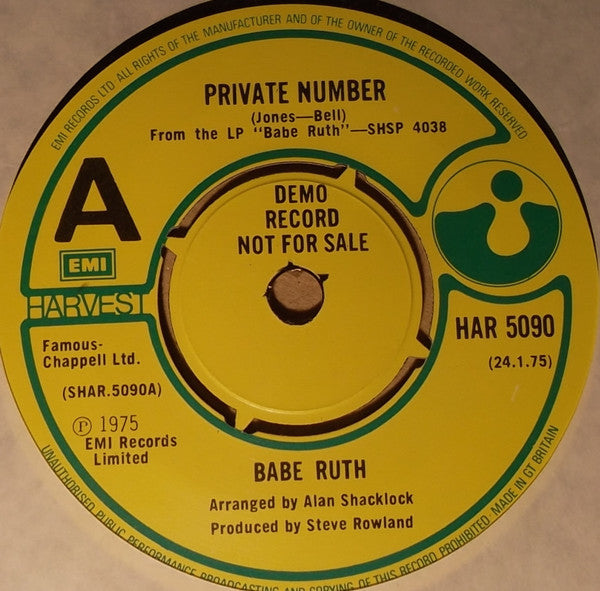 Image of Front Cover of 4414159C: 7" - BABE RUTH, Private Number (Harvest; HAR 5090, UK 1975, Promo, Plain Sleeve)   /VG+