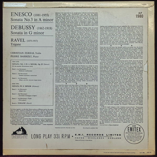 Image of Back Cover of 4424048E: LP - CHRISTIAN FERRAS AND PIERRE BARBIZET, Enesco & Debussy Sonatas (HMV Red, Semi-Circular Nipper Box; ALP 1980, UK , Flipback Sleeve) Light Fogging on Side 1 Plays With Minor Surface Noise  VG+/G+