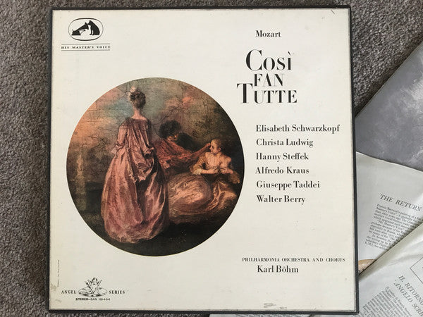 Image of Front Cover of 2xLP - VG+/VG+ - KARL B HM, ELISABETH SCHWARZKOPF, CHRISTA LUDWIG, HANNY STEFFEK, ALFREDO KRAUS, GIUSEPPE TADDEI, WALTER BERRY, THE PHILHARMONIA ORCHESTRA AND CHORUS, Mozart: Cos  Fan Tutte (His Master's Voice; SAN 103-6 / SLS 901-4, UK 1963, Box Set, Booklet), ,  - 4424049E
