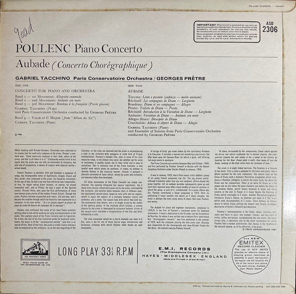 Image of Back Cover of 4424151E: LP - GABRIEL TACCHINO, GEORGES PR�TRE, PARIS CONSERVATOIRE ORCHESTRA, Poulenc: Piano Concerto / Aubade (Concerto Chor�graphique) (His Master's Voice; ASD 2306, UK 1967, Laminated Flipback Sleeve) Strong VG  VG/VG