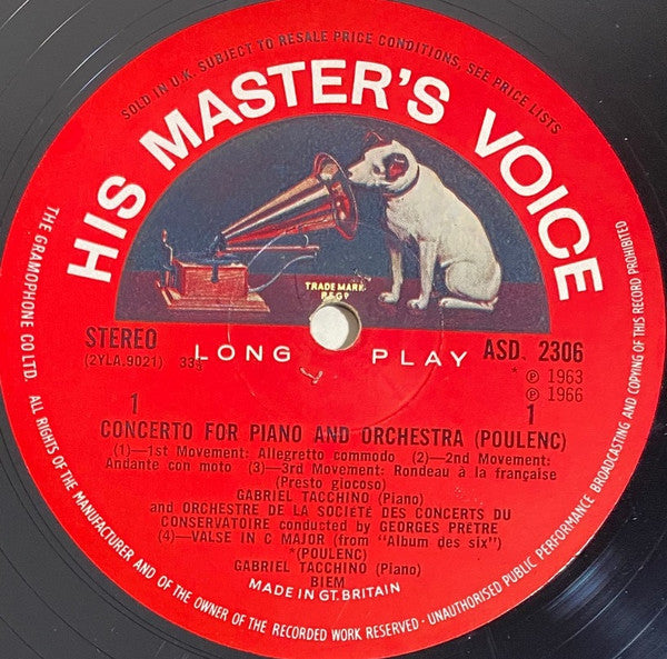 Image of Label Cover of 4424151E: LP - GABRIEL TACCHINO, GEORGES PR�TRE, PARIS CONSERVATOIRE ORCHESTRA, Poulenc: Piano Concerto / Aubade (Concerto Chor�graphique) (His Master's Voice; ASD 2306, UK 1967, Laminated Flipback Sleeve) Strong VG  VG/VG