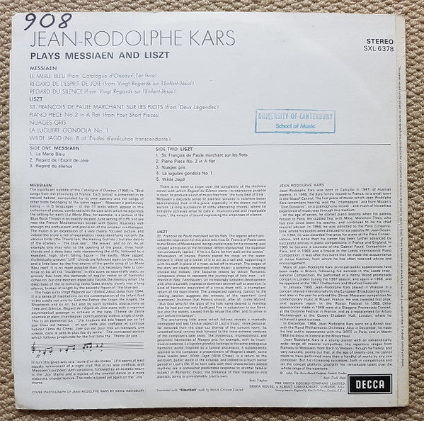 Image of Back Cover of 4424152E: LP - JEAN RODOLPHE KARS, Jean-Rodolphe Kars Plays Messiaen And Liszt (Decca; SXL 6378, UK 1969, Laminated Front Sleeve)   VG/VG