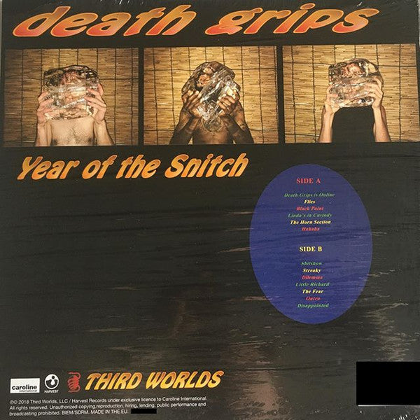 Image of Back Cover of 5144171S: LP - DEATH GRIPS, Year Of The Snitch (Third Worlds; 2567785439, Europe 2018, Inner, Clear Vinyl) MInor crease tosleeve  VG+/VG+