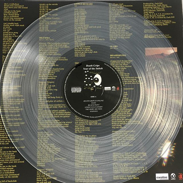 Image of Label Cover of 5144171S: LP - DEATH GRIPS, Year Of The Snitch (Third Worlds; 2567785439, Europe 2018, Inner, Clear Vinyl) MInor crease tosleeve  VG+/VG+