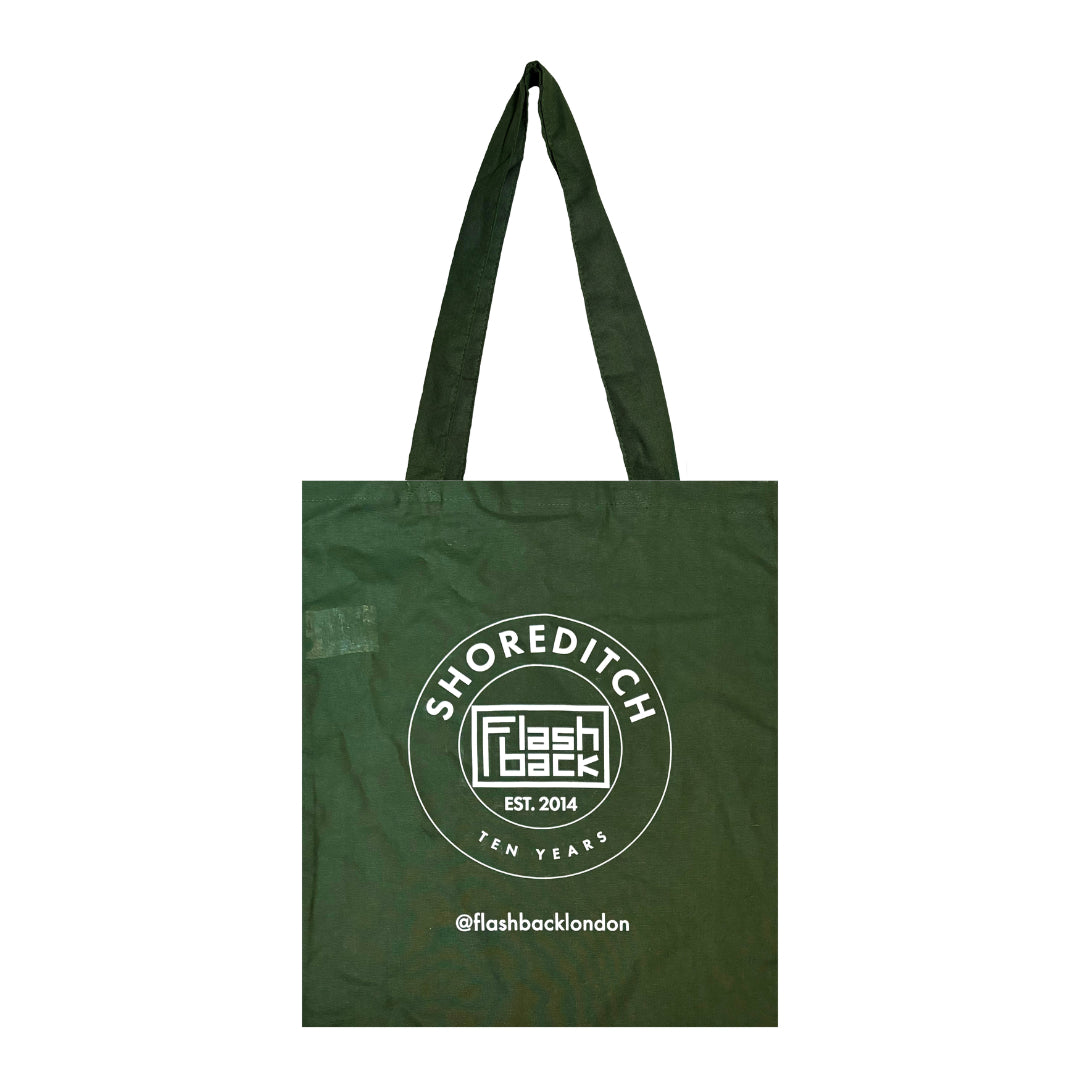 Image of Front Cover of 4434046E: Accessories - FLASHBACK TOTE BAG, Shoreditch 10th Anniversary Bag (, UK 2024, Limited Edition, 'Bethnal' Green, White Logo, Cotton)   NEW/NEW