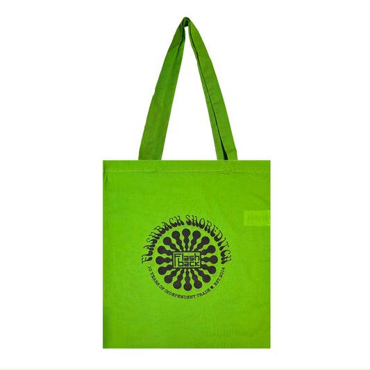 Image of Front Cover of 4434047E: Accessories - FLASHBACK TOTE BAG, Shoreditch 10th Anniversary Bag (, UK 2024, Limited Edition, Lime Green, Black Logo, Cotton)   NEW/NEW