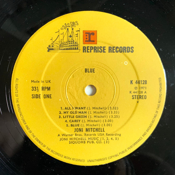 Image of Label Cover of LP - VG/VG - JONI MITCHELL, Blue (Reprise Tan Riverboat, No WB Logo; K44128, UK 1972 Reissue, Textured Gatefold Sleeve, No WB logo on rim text), Ring and edge wear.,  - 3026255E
