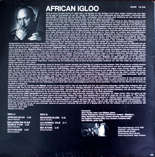 Image of Back Cover of 4444276S: LP - STURE NORDIN, African Igloo (Coop; Coop LP 378, Sweden 1978) Creasing + edge/corner wear + sticker damage. Light marks to vinyl.  VG/VG+