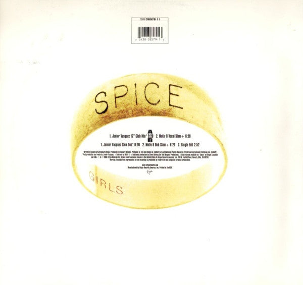 Image of Back Cover of 12" - VG+/VG+ - SPICE GIRLS, Wannabe (Virgin; 7243 8 38579 1 3, US 1997, Picture Sleeve), Still in shrinkwrap., A1. Wannabe (Junior Vasquez 12" Club Mix) 9:20A2. Wannabe (Motiv 8 Vocal Slam) 6:20B1. Wannabe (Junior Vasquez Club Dub) 9:20B2. Wannabe (Motiv 8 Dub Slam) 6:20B3. Wannabe (Single Edit) 2:52 - 4316252C