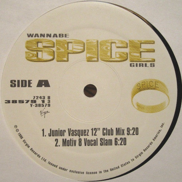 Image of Label Cover of 12" - VG+/VG+ - SPICE GIRLS, Wannabe (Virgin; 7243 8 38579 1 3, US 1997, Picture Sleeve), Still in shrinkwrap., A1. Wannabe (Junior Vasquez 12" Club Mix) 9:20A2. Wannabe (Motiv 8 Vocal Slam) 6:20B1. Wannabe (Junior Vasquez Club Dub) 9:20B2. Wannabe (Motiv 8 Dub Slam) 6:20B3. Wannabe (Single Edit) 2:52 - 4316252C