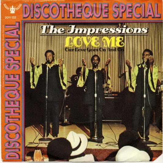 Image of Front Cover of 4454176S: 7" - THE IMPRESSIONS, Love Me / Our Love Goes On And On (Buddah Records; 2011 132, Germany 1971, Picture Sleeve)   VG/VG