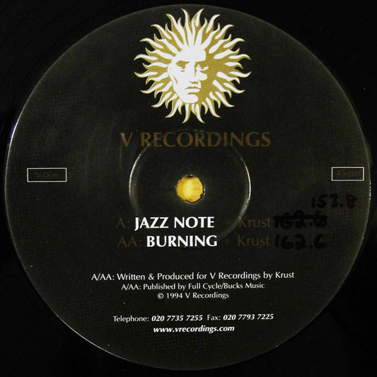 Image of Front Cover of 12" - VG/G+ - KRUST, Jazz Note / Burning (V Recordings; V-006, UK 2000 Reissue, Company Sleeve), Lots of faint hairlines, very close to VG.,  - 1416143C