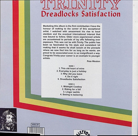 Image of Back Cover of 4424277E: LP - TRINITY, Dreadlocks Satisfaction (Jackpot; BSILP59,  ) Grey patch (due to ticker_  VG/VG+