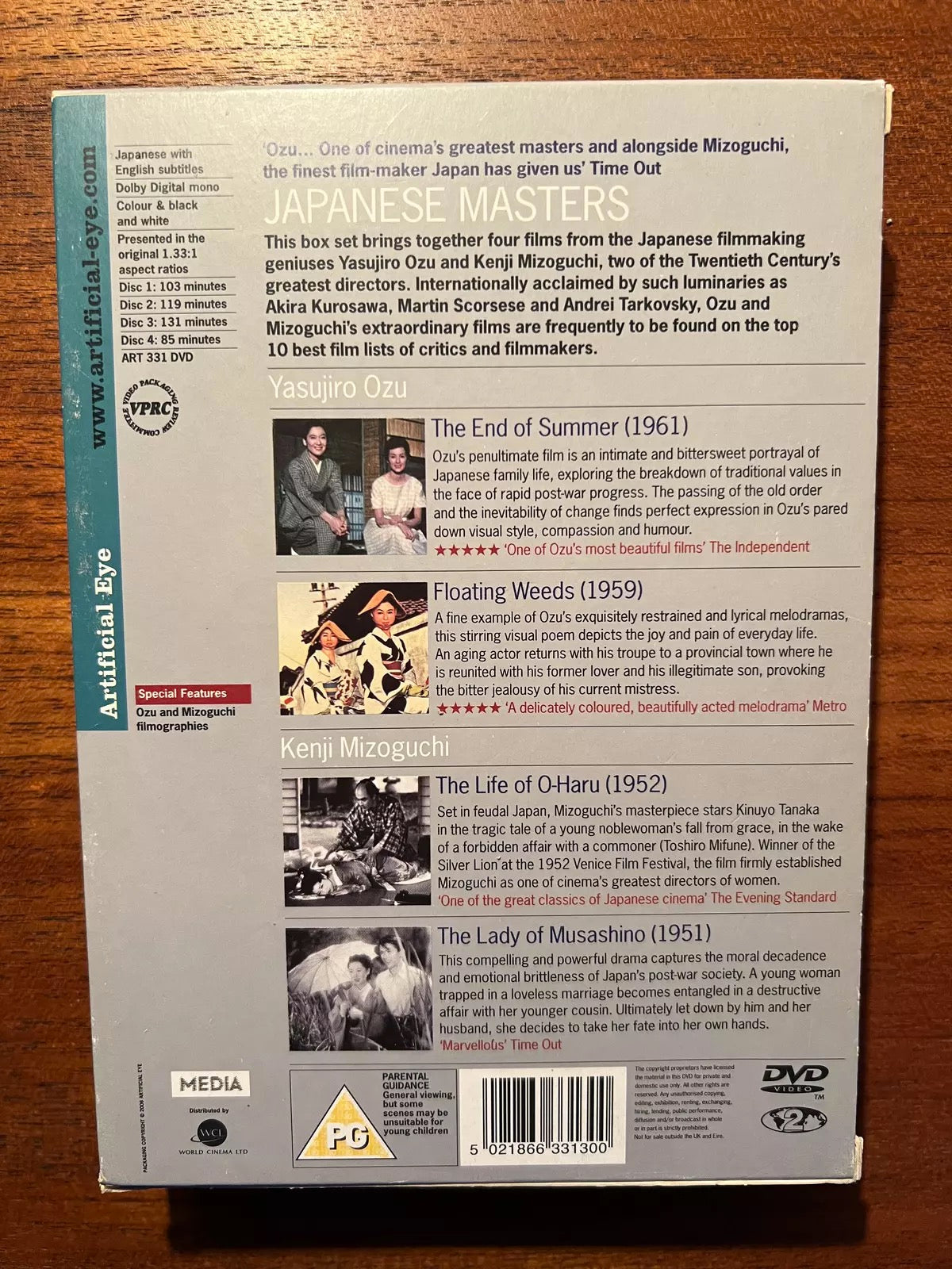 Image of Back Cover of 4454183S: 4xDVD - , Japanese Masters Ozu & Mizoguchi - 4 Film / Disc Box Set (Artificial Eye 2006; , Japan )   VG+/VG+