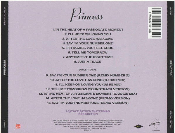 Image of Back Cover of 4434111E: CD - PRINCESS, Princess (Cherry Pop ; CRPOP18, UK 2009, Jewel Case, Booklet, Special Edition)   VG/EX