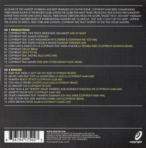 Image of Back Cover of 4434114E: 2xCD - COPYRIGHT, House Masters (ITH Records; HOMAS08CD, UK 2010, Gatefold Card Sleeve)   EX/VG+