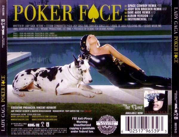 Image of Back Cover of 4414465C: CD - LADY GAGA, Poker Face (Remixes) (Streamline Records; B0012715-22, US 2009, Jewel Case)   VG+/VG+