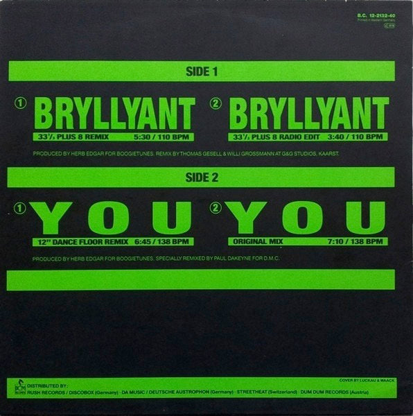 Image of Back Cover of 4424303E: 12" - BOYTRONIC, Bryllyant / You (BCM Records; B.C. 12-2132-40, Germany 1988, White vinyl, Limited Edition) cover has a stain and a few patches missing from a sticker that was removed. the limited edition sticker on the front has a small piece missing at top right corner. vinyl has a few light marks.   VG/VG