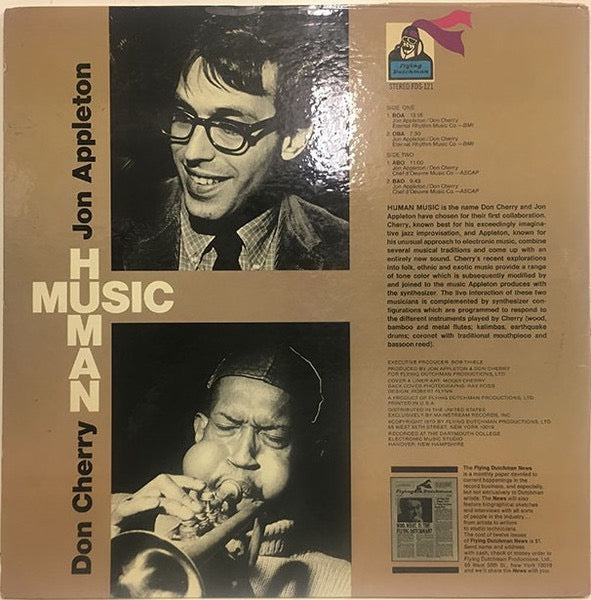 Image of Back Cover of 4414481C: LP - JON APPLETON & DON CHERRY, Human Music (Flying Dutchman; FDS 121, US 1970, Gatefold) Cut-out (Notched). Some spine damage and grubby marks to sleeve. Light marks to vinyl. Inside artwork in nice condition.  VG/VG