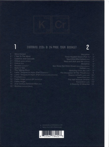 Image of Back Cover of 4414484C: 2xCD - KING CRIMSON, The Elements (2014 Tour Box) (Discipline Global Mobile; KCTB14,  2014, Box Set, Booklet)   VG/VG