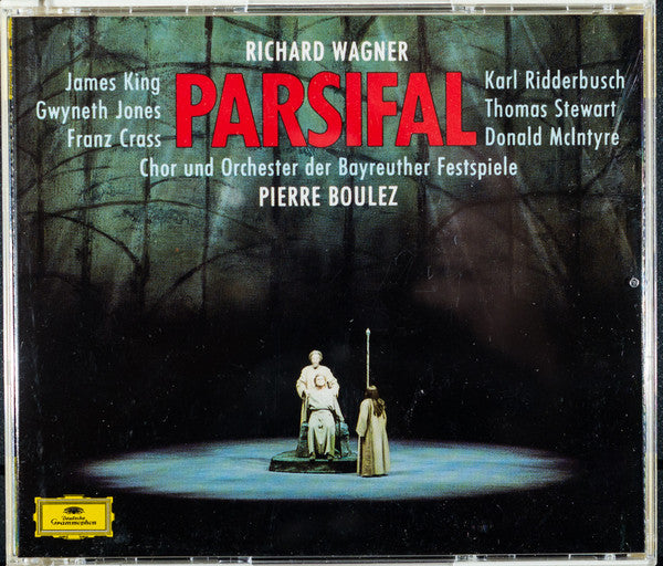 Image of Front Cover of 4534047E: 3xCD - RICHARD WAGNER - JAMES KING, GWYNETH JONES, FRANZ CRASS, KARL RIDDERBUSCH, THOMAS STEWART, DONALD MCINTYRE, CHOR UND ORCHESTER DER BAYREUTHER FESTSPIELE, PIERRE BOULEZ, Parsifal (Deutsche Grammophon ; 435 718-2, Germany 1992, Double CD Case, Booklet)   VG+/VG+