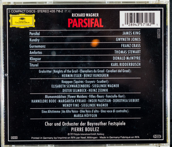 Image of Back Cover of 4534047E: 3xCD - RICHARD WAGNER - JAMES KING, GWYNETH JONES, FRANZ CRASS, KARL RIDDERBUSCH, THOMAS STEWART, DONALD MCINTYRE, CHOR UND ORCHESTER DER BAYREUTHER FESTSPIELE, PIERRE BOULEZ, Parsifal (Deutsche Grammophon ; 435 718-2, Germany 1992, Double CD Case, Booklet)   VG+/VG+