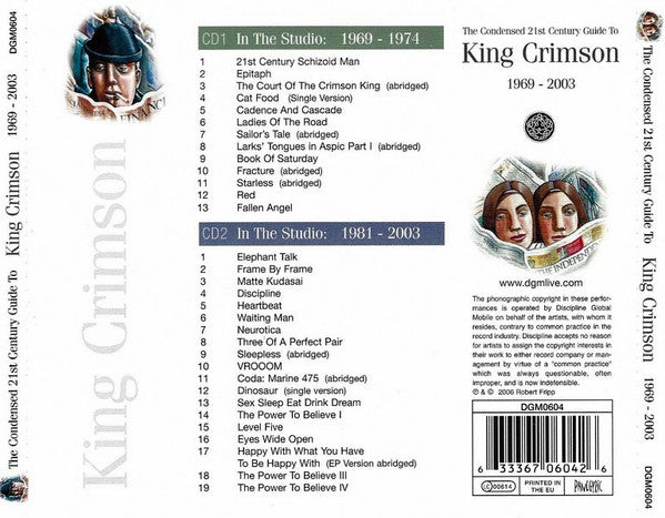 Image of Back Cover of 2xCD - VG+/VG+ - KING CRIMSON, The Condensed 21st Century Guide To King Crimson 1969 - 2003 (Discipline Global Mobile; DGM0604, Europe 2006, Jewel Case), ,  - 3816460C